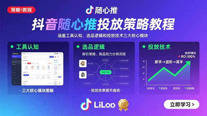 抖音随心推投放策略教程:涵盖工具认知、选品逻辑和投放技术三大核心模块-资源宝库