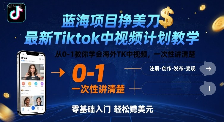 蓝海项目挣美刀,最新Tiktok中视频计划教学,从0-1教你学会海外TK中视频,一次性讲清楚-资源宝库
