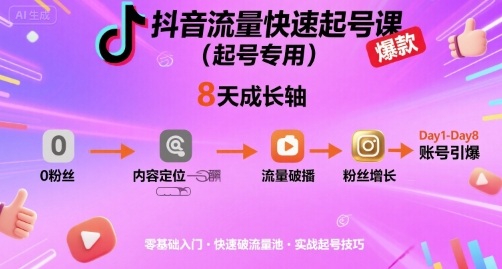 抖音流量快速起号课(起号专用)，8天带你做爆自己的账号-资源宝库