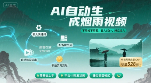 不用拍不用剪！AI自动生成烟雨视频，日入5张+，睡后收入-资源宝库