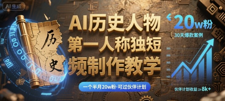 最新AI历史人物第一人称独白短视频制作教学,一个半月20w粉,可过伙伴计划-资源宝库