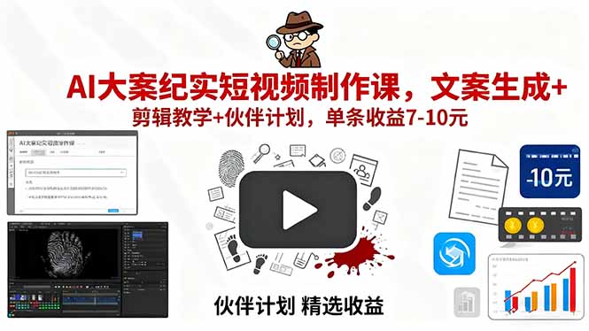 AI大案纪实短视频制作课，文案生成+剪辑教学+伙伴计划，单条收益7-10元-资源宝库