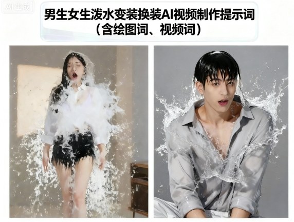 男生女生泼水变装换装AI视频制作提示词(含绘图词、视频词)-资源宝库