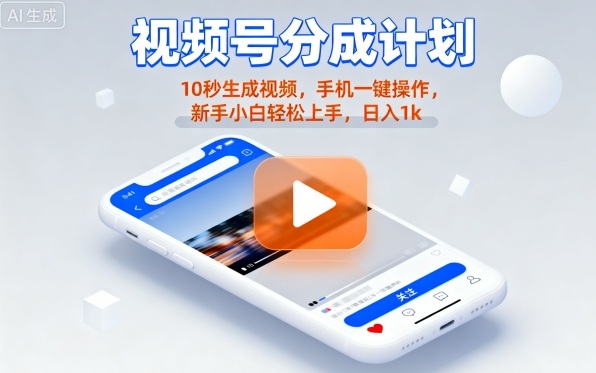 视频号分成计划懒人玩法,10秒生成视频,手机一键操作,新手小白轻松上手,日入1K【揭秘】-资源宝库