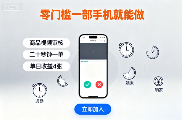 零门槛一部手机就能做，商品视频审核，通勤躺家碎片时间都能做，二十秒钟一单，单日收益4张【揭秘】-资源宝库