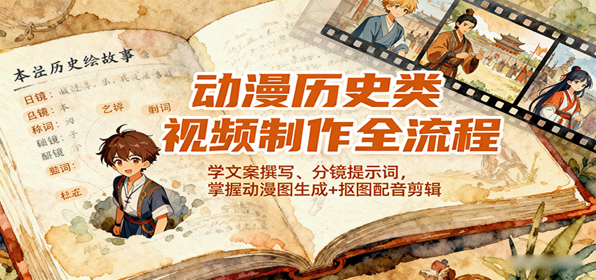 动漫历史类视频制作全流程,学文案撰写、分镜提示词,掌握动漫图生成+抠图配音剪辑-资源宝库