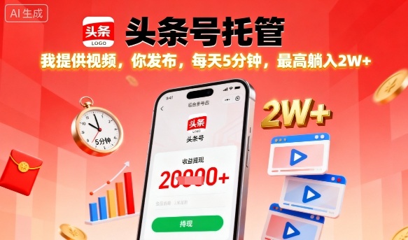 【头条号托管】我提供视频，你发布，每天5分钟，最高躺入2W+【揭秘】-资源宝库