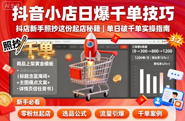 抖音小店日爆千单技巧，抖店新手照抄这份起店秘籍，单日破千单-资源宝库