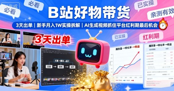 B站好物带货，3天出单，新手月入1W实操拆解，AI生成视频，抓住平台红利期最后机会-资源宝库