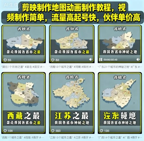 剪映制作地图动画制作教程，视频制作简单，流量高起号快，伙伴单价高-资源宝库