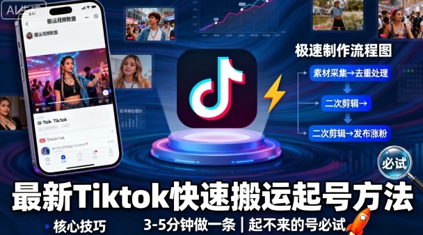 最新Tiktok快速搬运快速起号方法，3-5分钟做一条，起不来的号可以试试-资源宝库