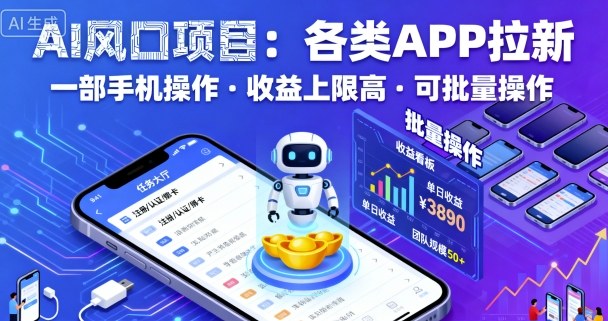 AI风口项目，各类APP拉新，一部手机就可以操作，收益上限高，可批量操作-资源宝库