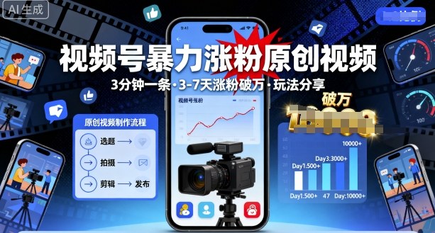 视频号暴力涨粉原创视频，3分钟一条原创视频，3-7天涨粉破万，玩法分享给你-资源宝库