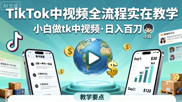 TikTok中视频全流程实操教学,小白做tk中视频,日入百刀-资源宝库