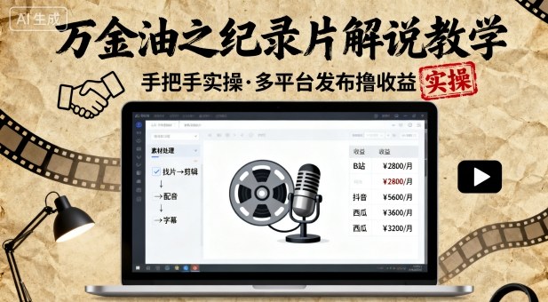 万金油之纪录片解说教学，手把手教你，完全实操，多平台发布撸收益-资源宝库