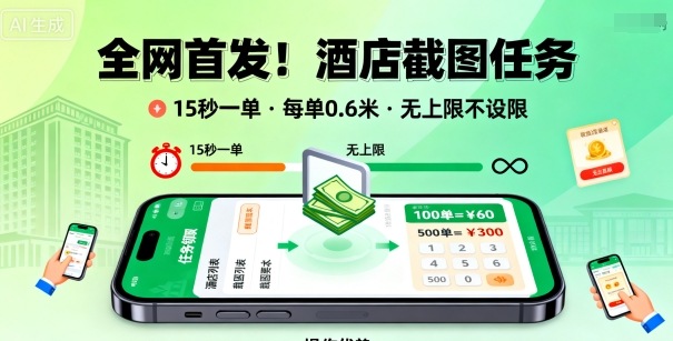 全网首发！酒店截图任务，15秒一单，每单0.6米，任务无上限不设限，矩阵操作单日3张到手【揭秘】-资源宝库