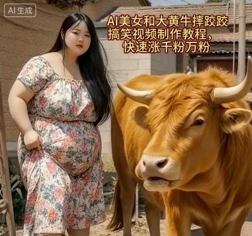 AI美女和大黄牛摔跤搞笑荒诞视频制作教程,快速涨千粉万粉-资源宝库