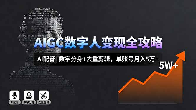 AIGC数字人变现全攻略,AI配音+数字分身+去重剪辑,单账号月入5万+-资源宝库