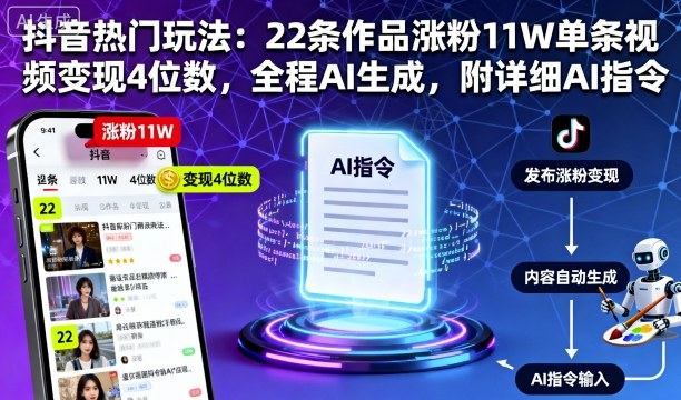 抖音热门玩法：22条作品涨粉11W单条视频变现4位数，全程AI生成，附详细AI指令-资源宝库