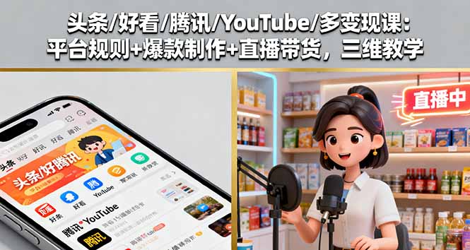 头条/好看/腾讯/YouTube/多变现课：平台规则+爆款制作+直播带货，三维教学-资源宝库