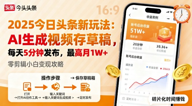 2025年今日头条躺賺新玩法,AI生成视频存草稿,每天5分钟发布,最高月1W+【揭秘】-资源宝库