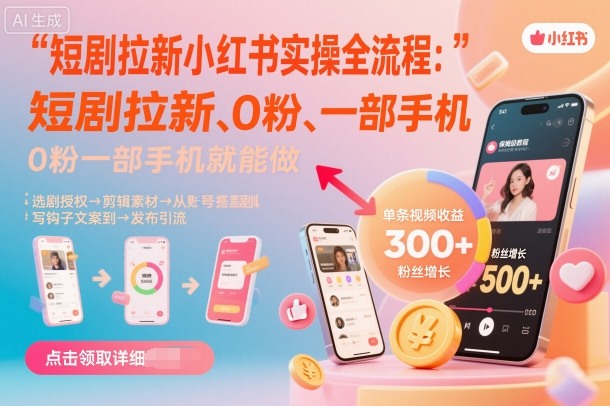 短剧拉新小红书实操全流程,0粉一部手机就可以做,详细教程-资源宝库