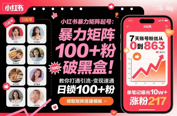 小红书暴力矩阵起号,教你打通引流-变现速通,日锁100+粉,破流量黑盒-资源宝库