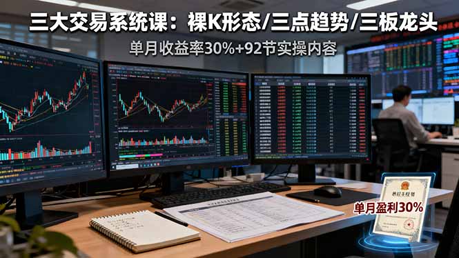 三大交易系统课:裸K形态/三点趋势/三板体系,单月收益率30%+92节实操内容-资源宝库