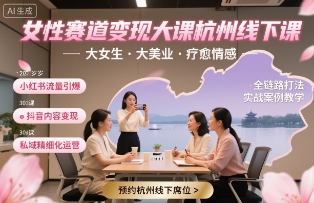 女性赛道变现大课杭州线下，大女生，大美业，疗愈情感，一套小红书、抖音、私域全链路打法-资源宝库