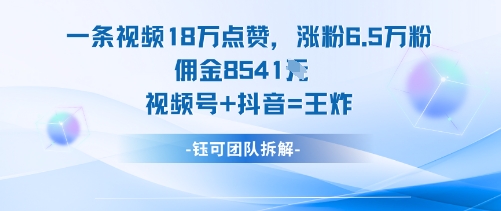 一条视频18W点赞，涨粉6.5W粉佣金8541米，视频号+抖音=王炸-资源宝库