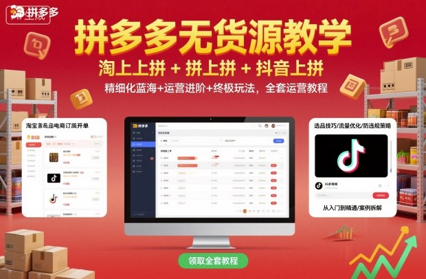 拼多多无货源教学,淘上拼+拼上拼+抖上拼,精细化蓝海+运营进阶+终极玩法,全套运营教程-资源宝库