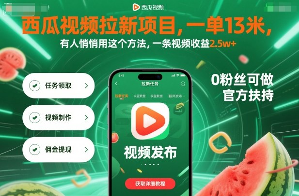 西瓜视频拉新项目,一单13米,有人悄悄用这个方法,一条视频收益2.5w+(附详细教程)-资源宝库