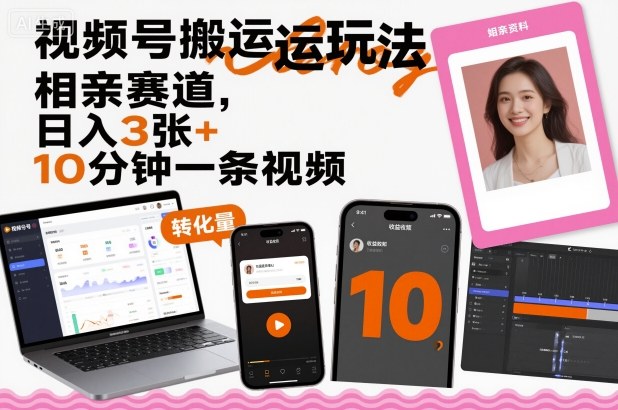 视频号搬运玩法，相亲赛道，日入3张+，10分钟一条视频-资源宝库