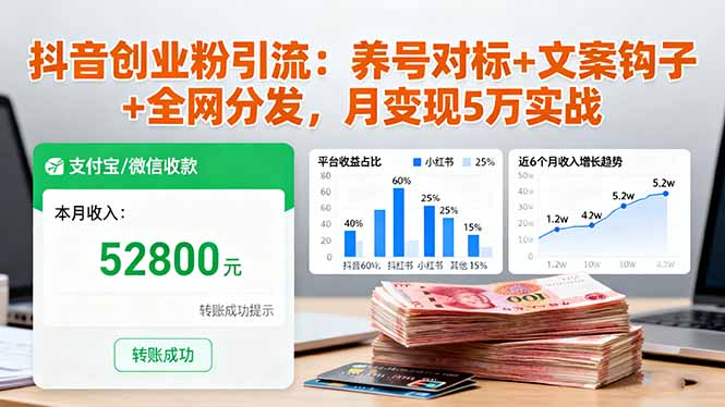 抖音创业粉引流:养号对标+文案钩子+全网分发,月变现5万实战-资源宝库