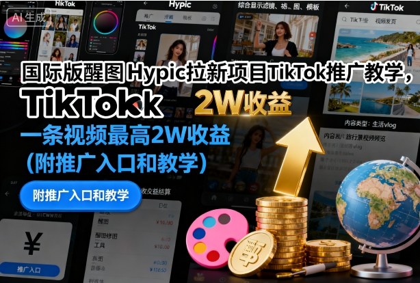 国际版醒图Hypic拉新项目TikTok推广教学，一条视频最高2W收益(附推广入口和教学)-资源宝库