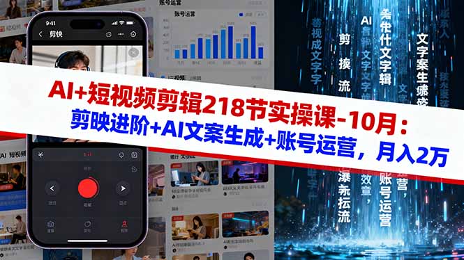 AI+短视频剪辑218节实操课-10月：剪映进阶+AI文案生成+账号运营，月入2万-资源宝库