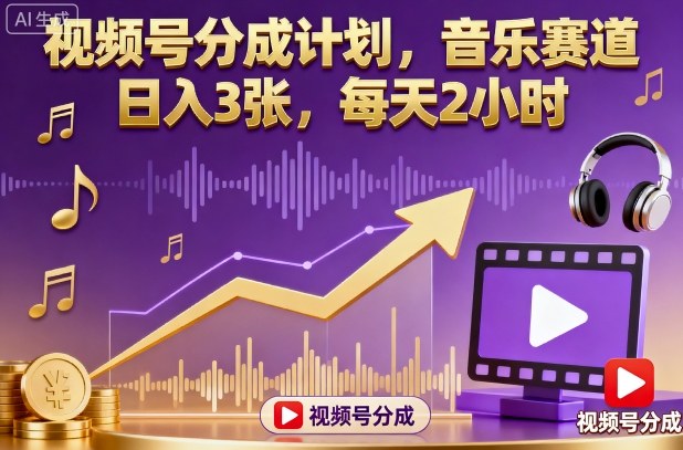 视频号分成计划，音乐赛道，日入3张，每天2小时-资源宝库