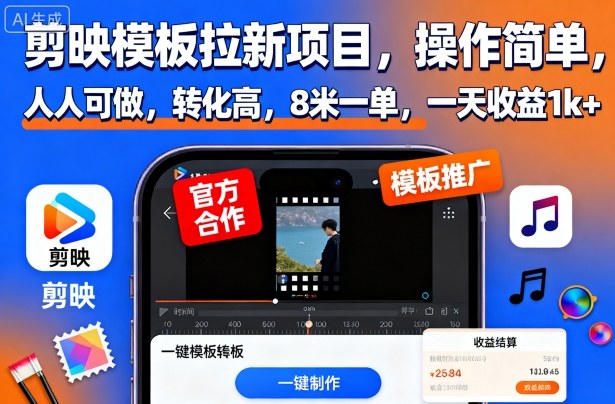 剪映模板拉新项目，操作简单，人人可做，转化高，8米一单，一天收益1k+-资源宝库