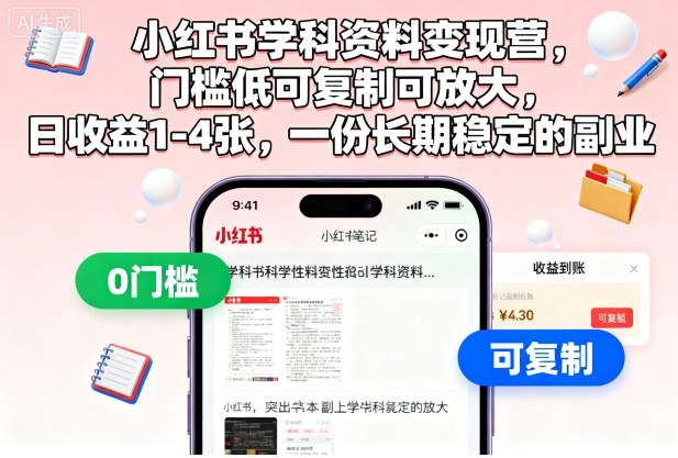 小红书学科资料变现营,门槛低可复制可放大,日收益1-4张,一份长期稳定的副业-资源宝库