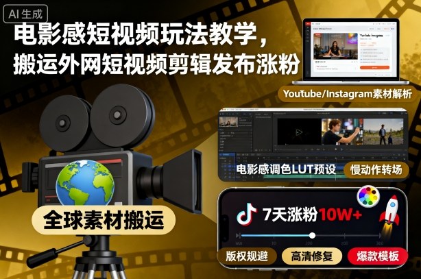 电影感短视频玩法教学,搬运外网短视频剪辑发布涨粉-资源宝库
