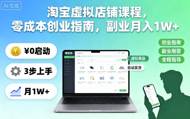 淘宝虚拟店铺课程,零成本创业指南,副业月入1W+-资源宝库