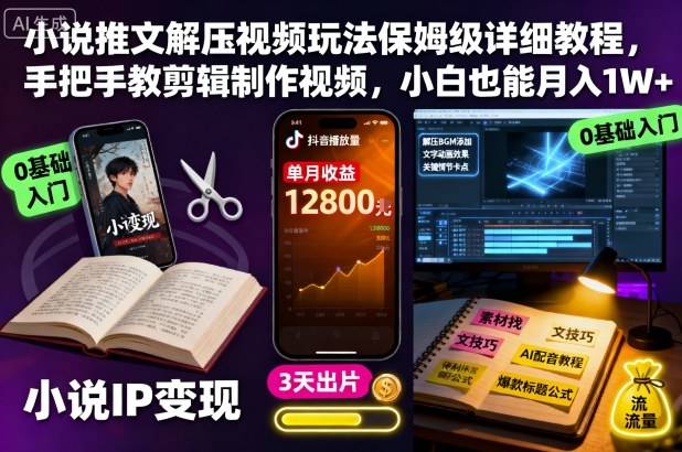 小说推文解压视频玩法保姆级详细教程，手把手教剪辑制作视频，小白也能月入1W+-资源宝库