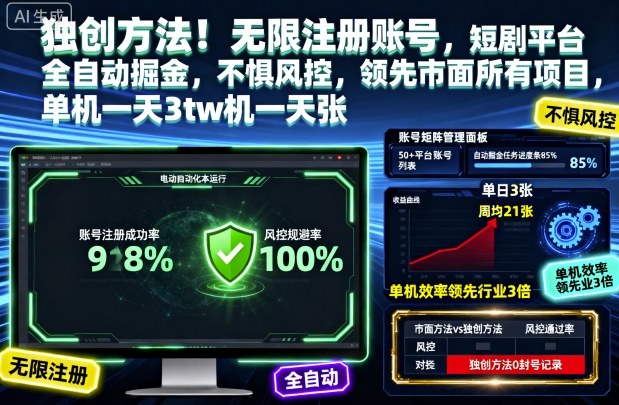 独创方法！无限注册账号，短剧平台全自动掘金，不惧风控，领先市面所有项目，单机一天3张【揭秘】-资源宝库