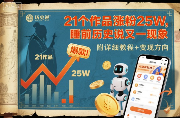 21个作品涨粉25W，睡前历史说又一现象级AI内容大爆款来啦，附详细教程+变现方向-资源宝库