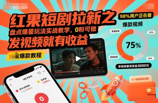 红果短剧拉新之盘点爆量玩法实战教学,0粉可做,发视频就有收益-资源宝库