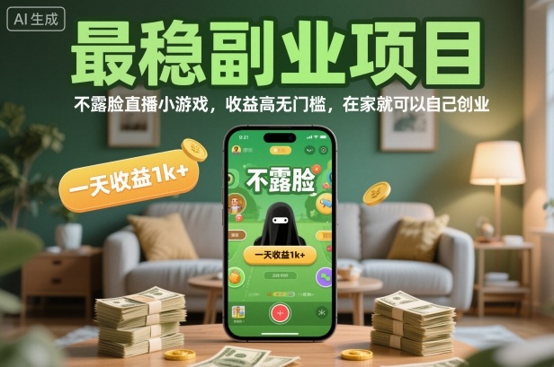 最稳副业项目，不露脸直播小游戏，收益高无门槛，一天收益1k+，在家就可以自己创业【揭秘】-资源宝库