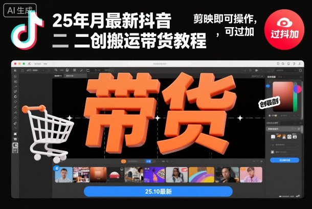 25年10月最新抖音二创搬运带货教程，剪映即可操作，可过抖加-资源宝库