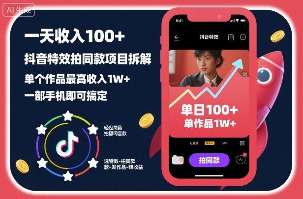 一天收入100+,抖音特效拍同款项目拆解,单个作品最高收入1W+,一部手机即可搞定-资源宝库