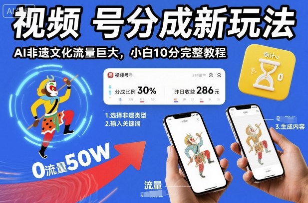 视频号分成新玩法，AI非遗文化流量巨大，小白10分钟搞定，完整教程-资源宝库