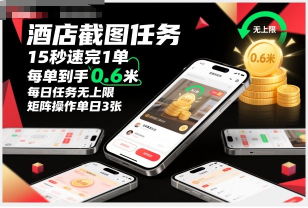 酒店截图任务，15秒速完1单，每单到手0.6米，每日任务无上限，全网首发玩法，矩阵操作单日3张【揭秘】-资源宝库